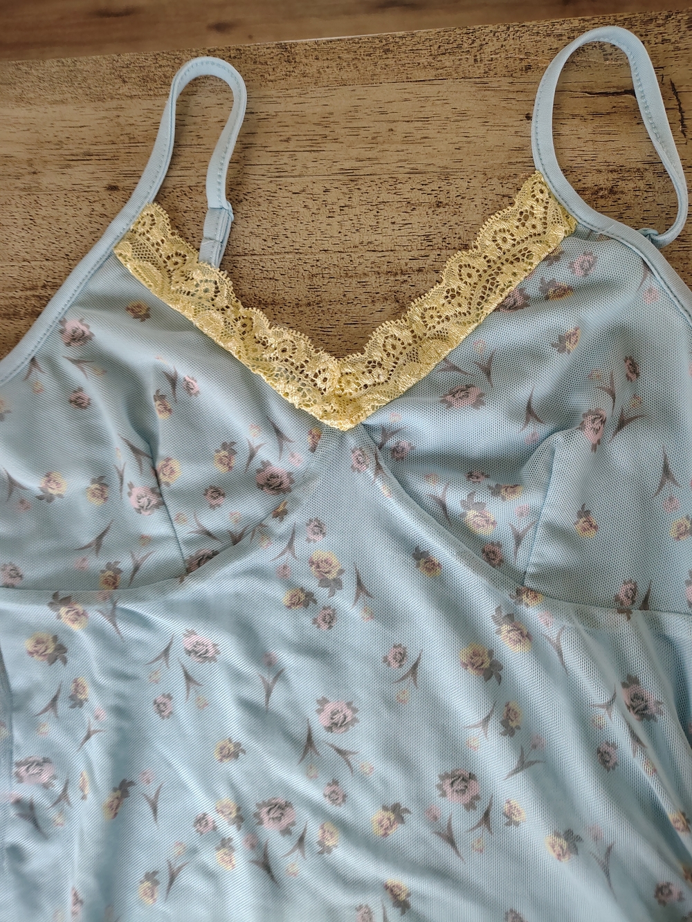 Rue21 Light Blue Floral Mini Dress with Yellow Lace Trim